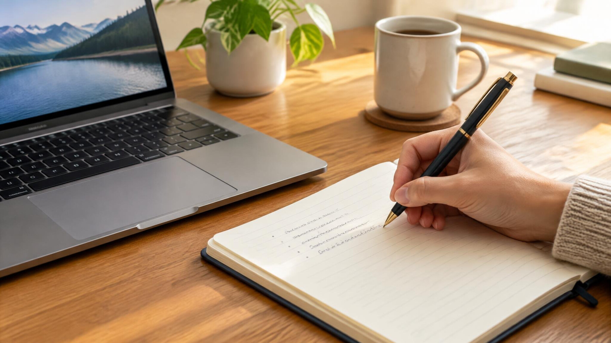 Person writing notes next to an open laptop at a desk