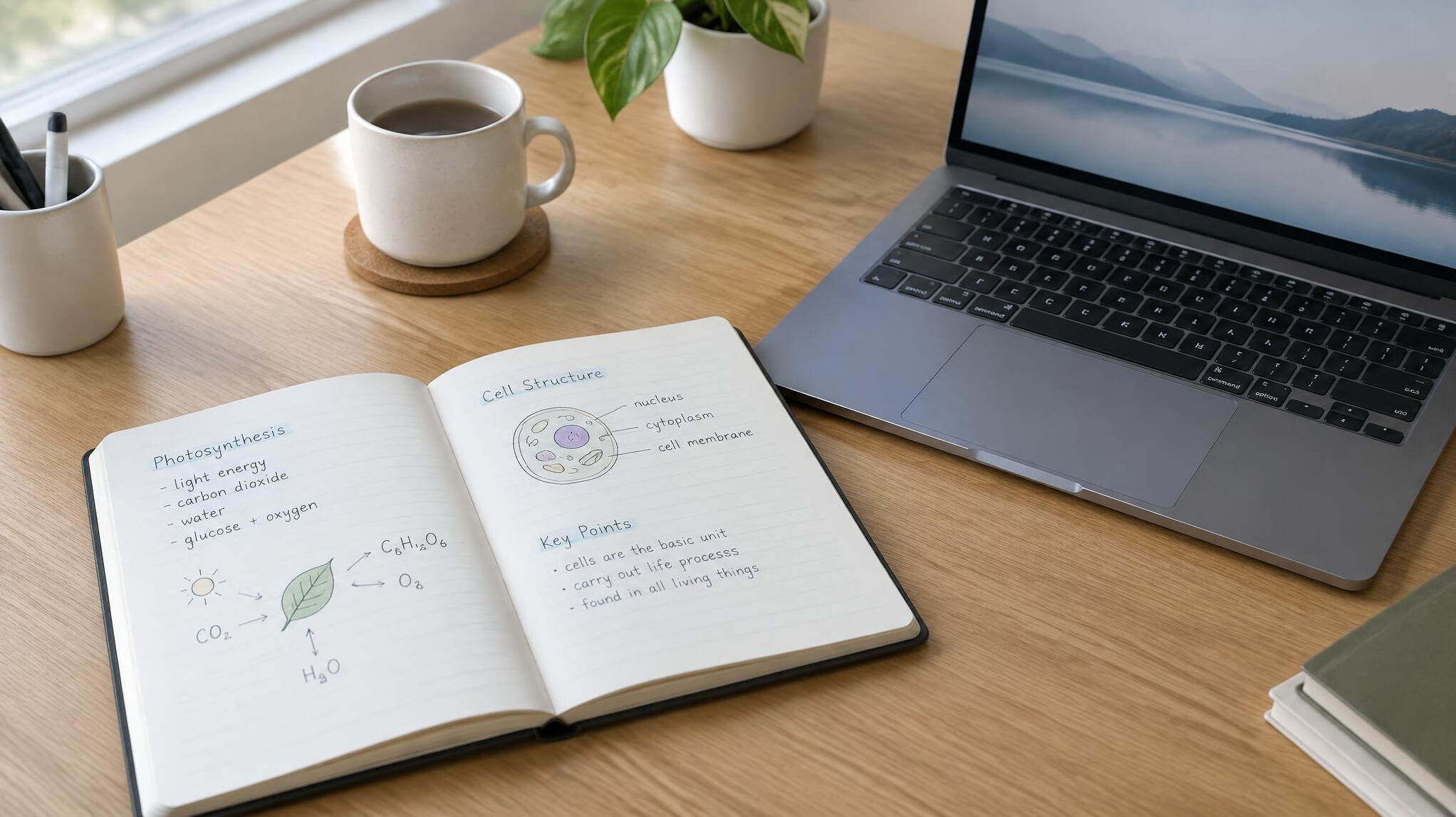 Open notebook with handwritten notes next to a laptop