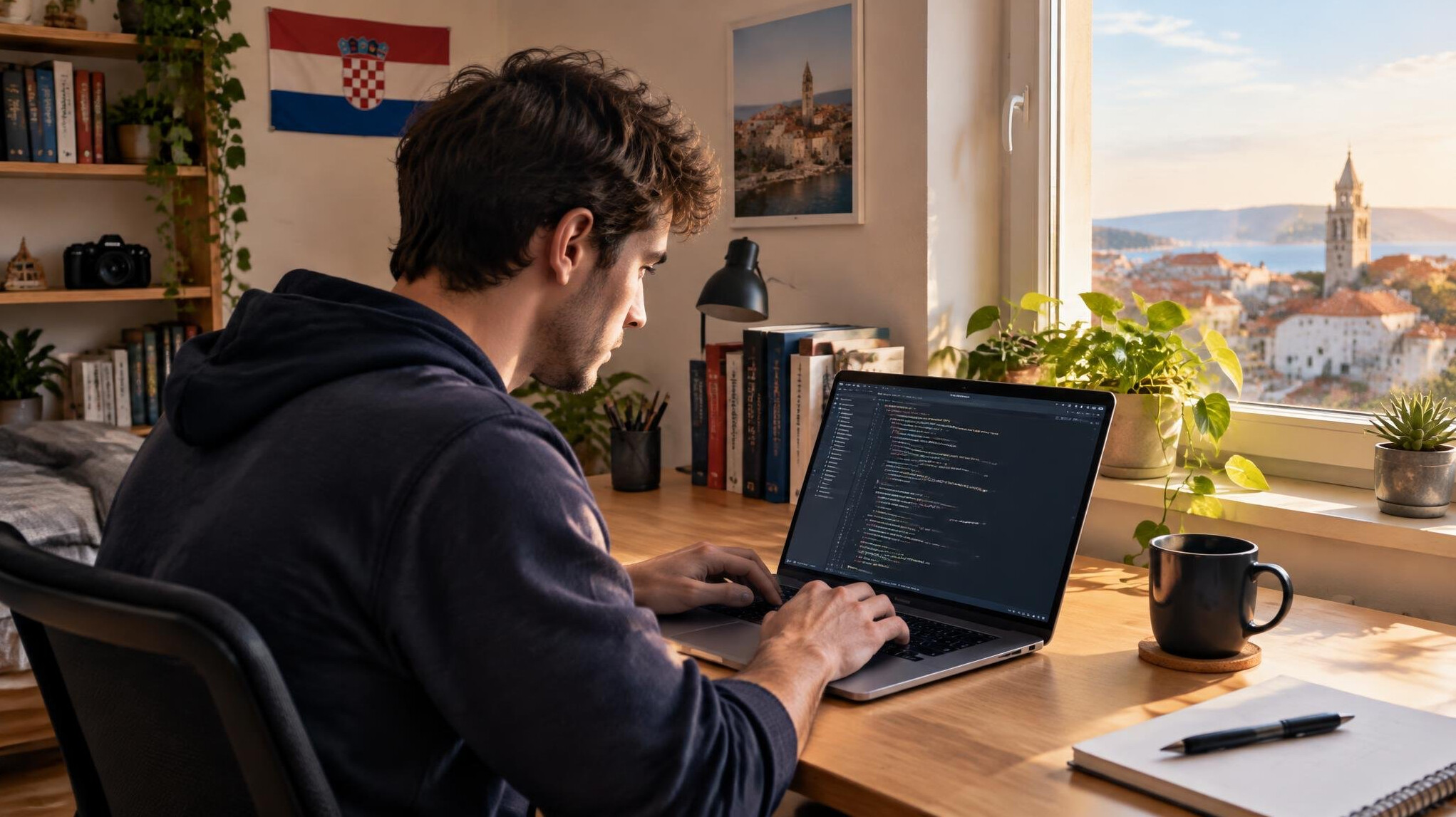 Person sitting at a desk writing code on a laptop in a home office
