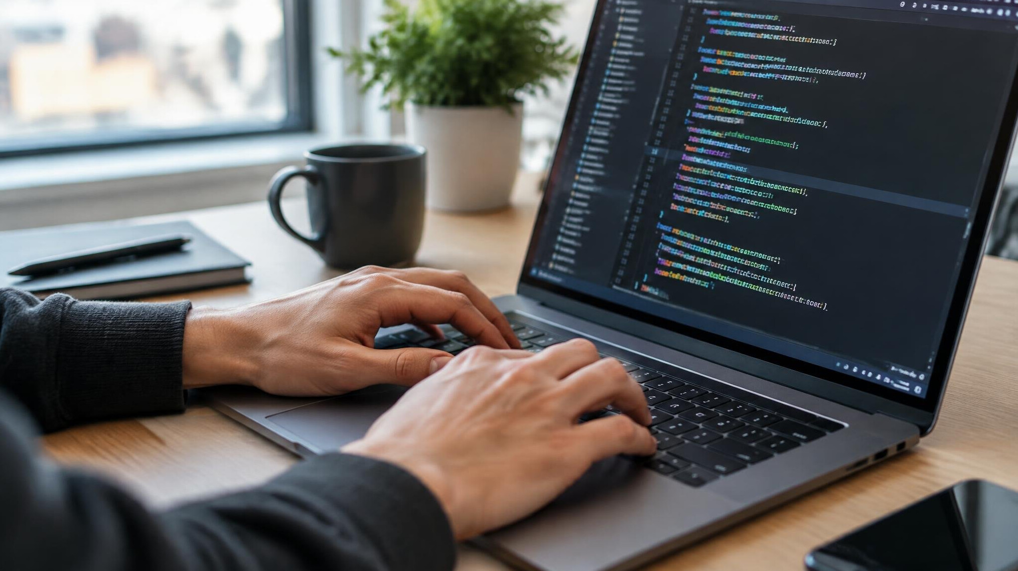 Close-up of hands typing code on a laptop keyboard