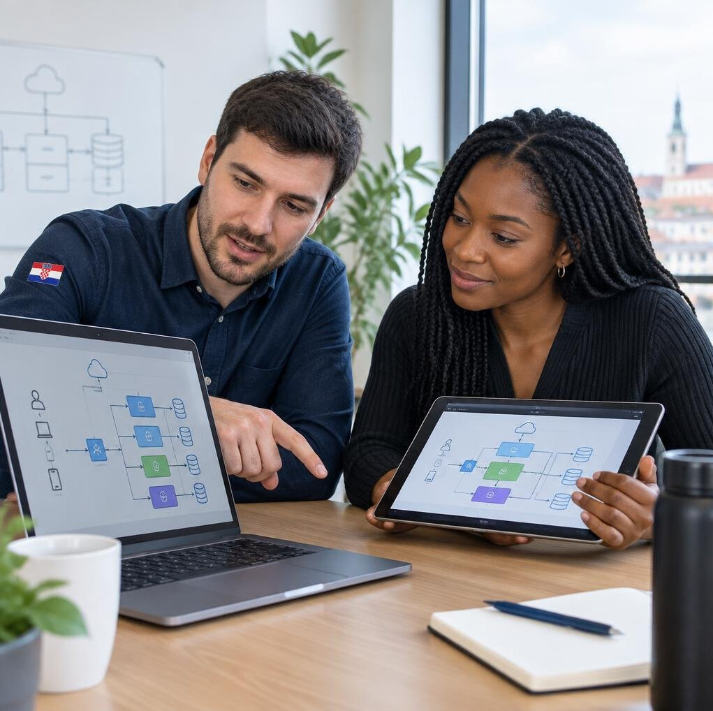 Two people reviewing charts on a laptop and a tablet