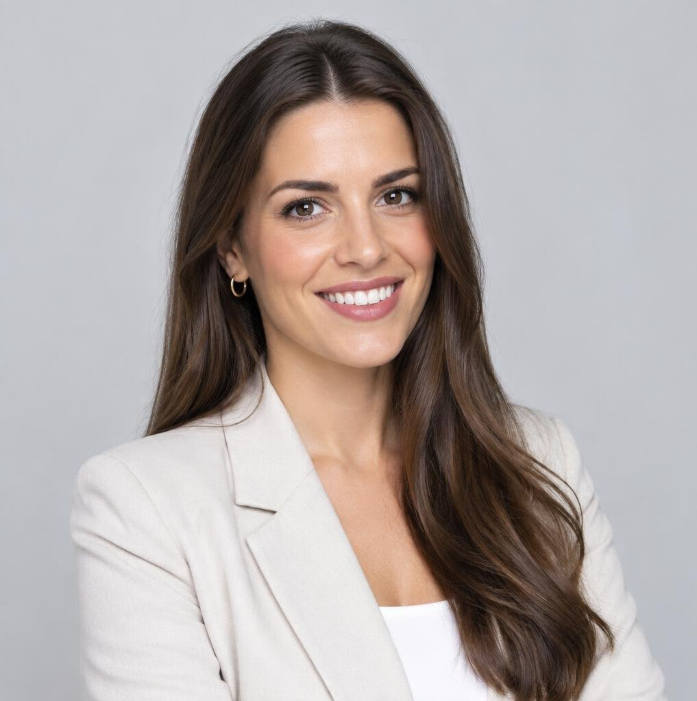 Studio portrait of a smiling woman with long brown hair