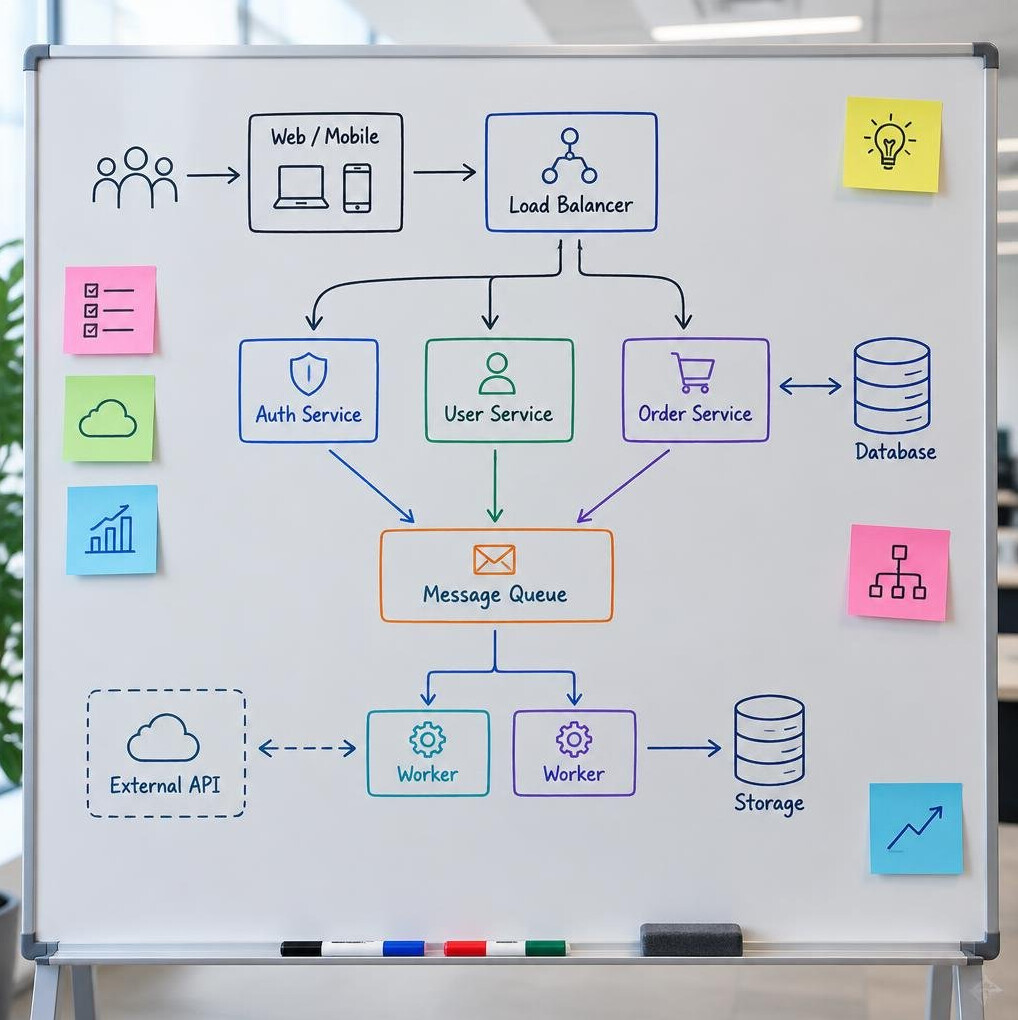 Whiteboard covered with a flowchart diagram and sticky notes