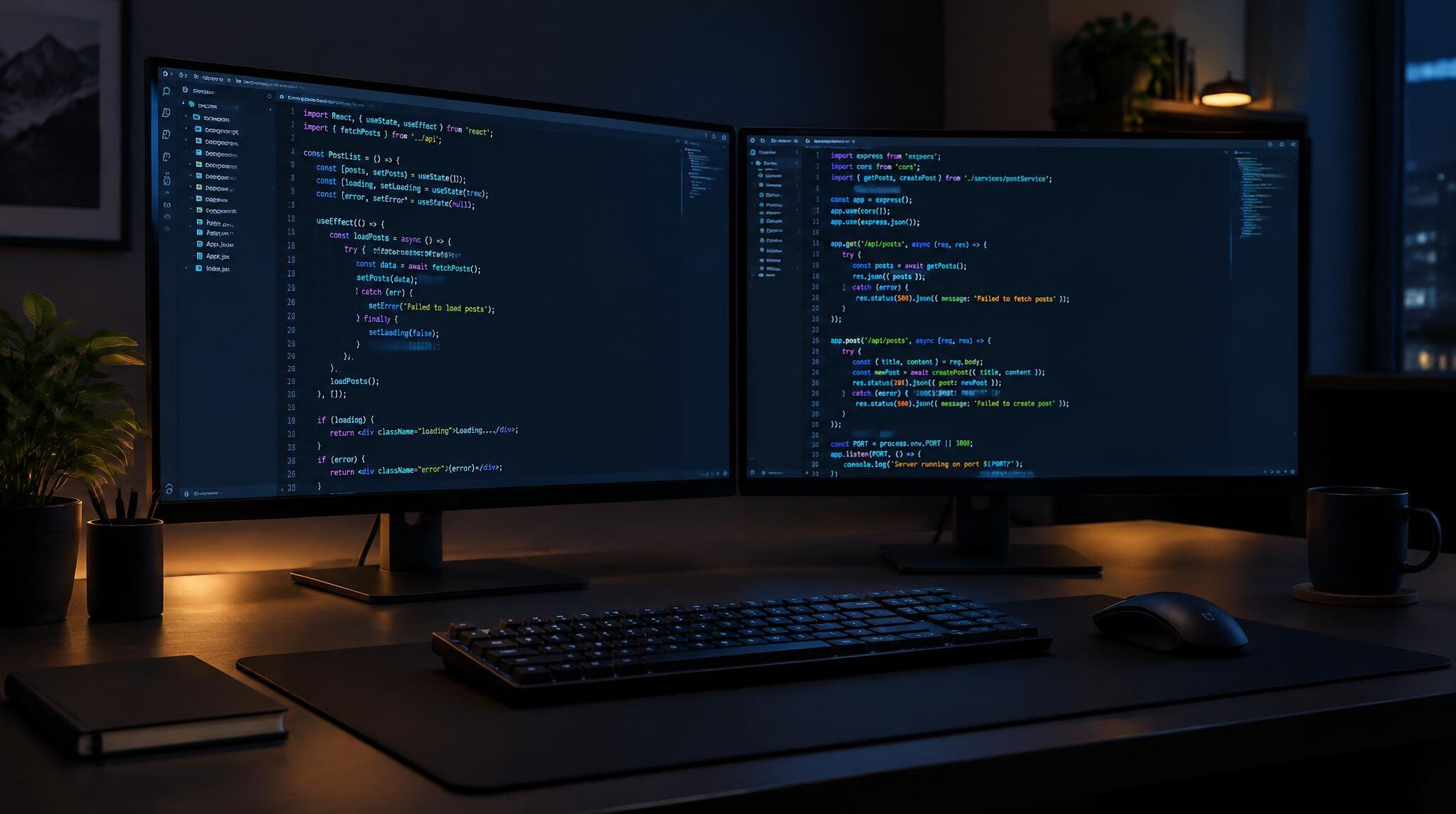Two monitors displaying lines of source code in a dim room