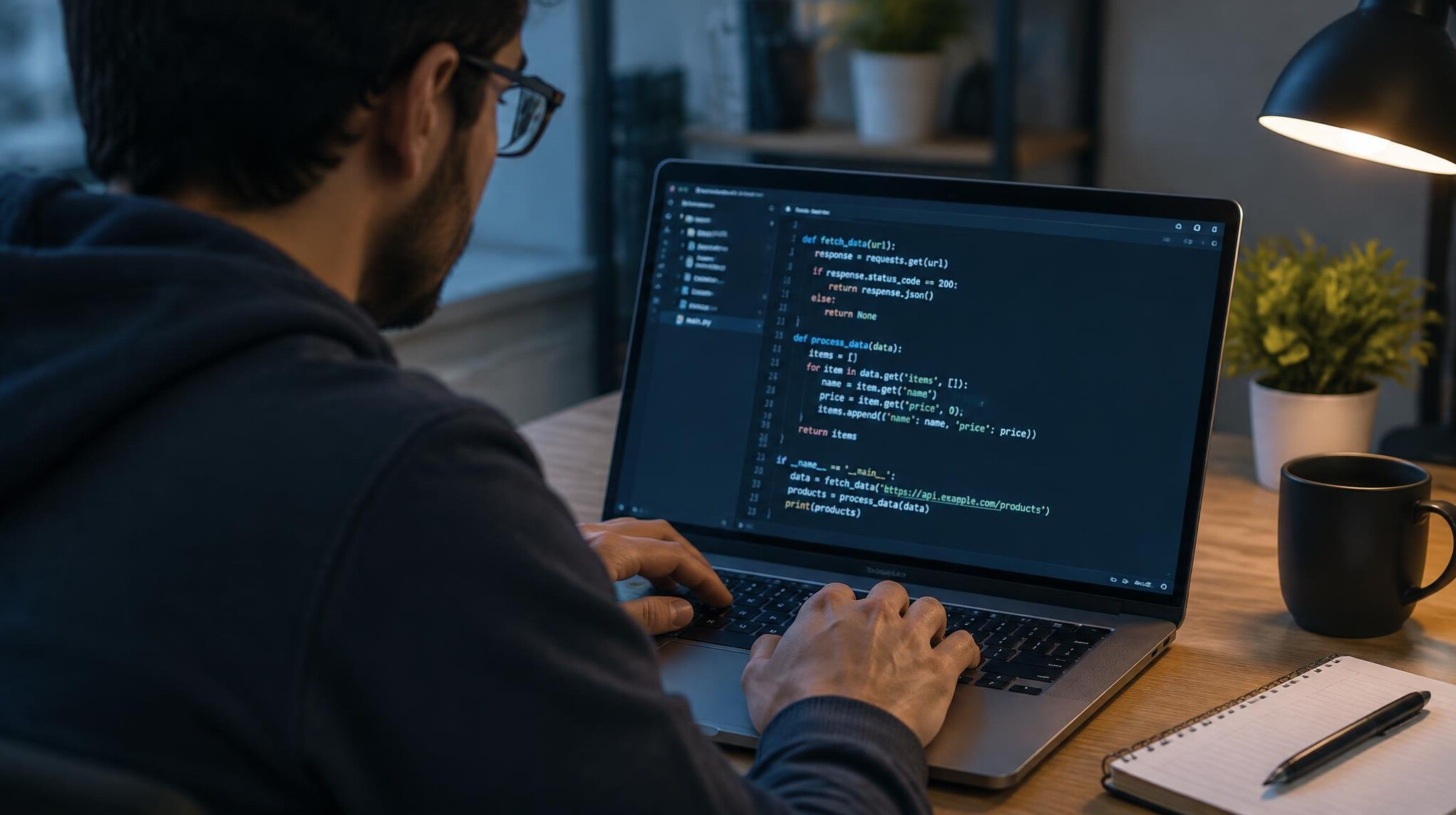 person coding on laptop